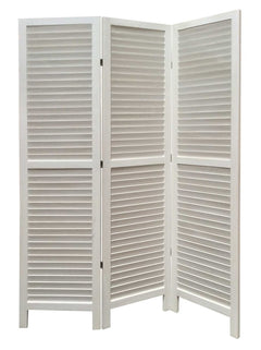 67" White Wood Folding Three Panel Screen Room Divider with a slatted design, perfect for creating privacy in any space.