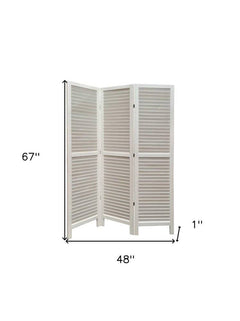 67" white wood folding three-panel screen room divider with slatted design, dimensions 67" x 48" x 1". Ideal for privacy and 