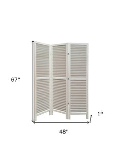 White wood folding three-panel screen room divider measuring 67" tall and 48" wide, featuring a slatted design.