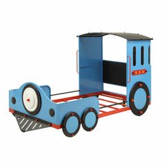 Steel Twin Red White and Blue Bed designed as a train, featuring a blue body with red accents and a black roof.
