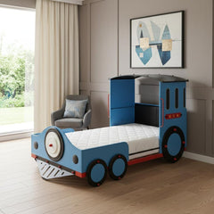 Steel Twin Red White and Blue Bed featuring a train design with blue, red, and white colors, set in a stylish room.
