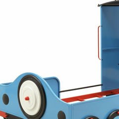 Steel Twin Red White and Blue Bed featuring a playful design with circular wheels and a vibrant color scheme.