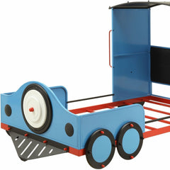 Steel Twin Red White and Blue Bed featuring a playful train design with blue, red, and black accents. Ideal for kids' rooms.