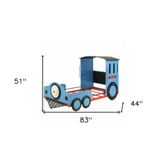 Steel Twin Red White and Blue Bed designed as a truck, featuring a blue body, red accents, and a playful design. Dimensions: 