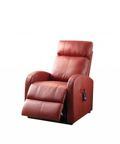 28" Red Tufted Faux Leather Power Lift Assist Recliner with a sleek design and adjustable reclining feature.