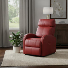 28" Red Tufted Faux Leather Power Lift Assist Recliner with a modern design, placed beside a potted plant and lamp in a cozy 