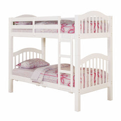 White Twin Over Twin Bunk Bed by Wellnesslifeclub74 featuring a slatted design and floral-patterned bedding on both levels.