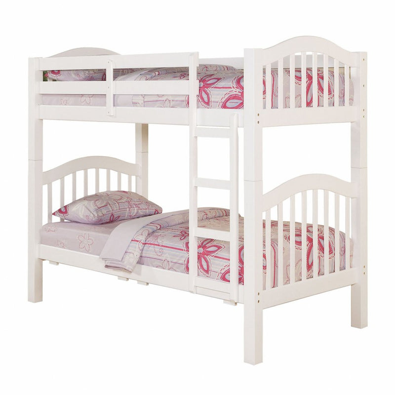 White Twin Over Twin Bunk Bed by Wellnesslifeclub74 featuring a slatted design and floral-patterned bedding on both levels.