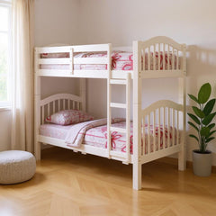 White Twin Over Twin Bunk Bed by Wellnesslifeclub74 with floral bedding, wooden frame, and a cozy room setting.