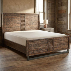 Brown and black shiplap textured solid wood queen bed frame with a slatted headboard, set in a rustic room.