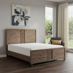Brown and black shiplap textured solid wood queen bed frame with a modern design, featuring a slatted headboard and footboard