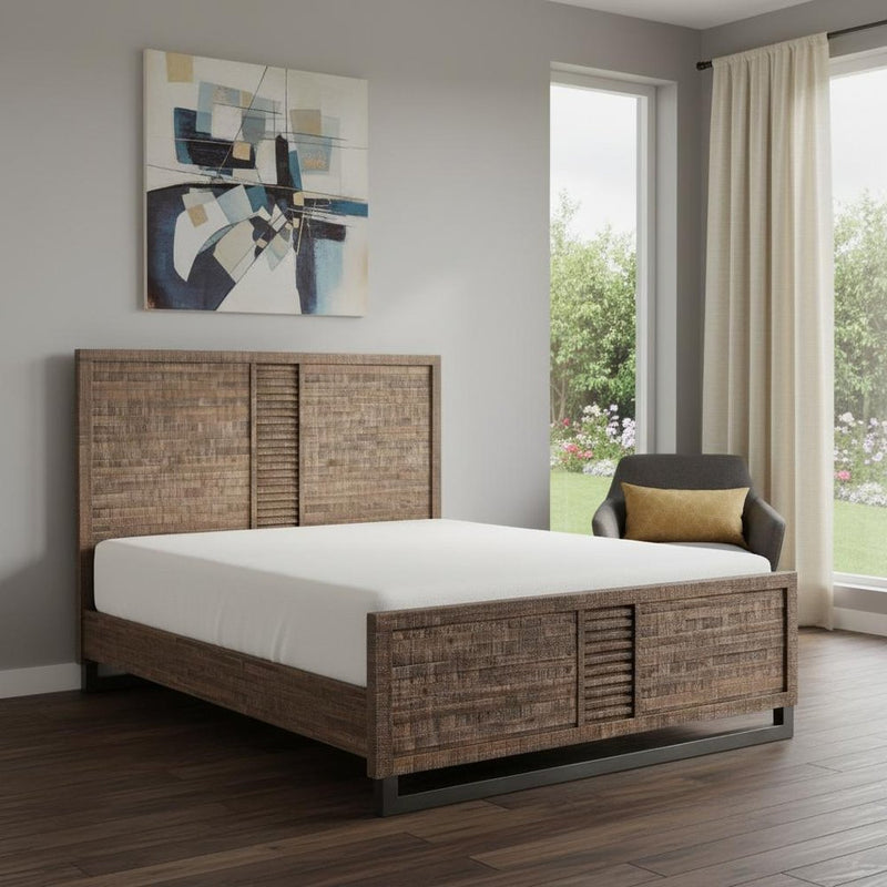 Brown And Black Shiplap Textured Solid Wood Queen Bed Frame