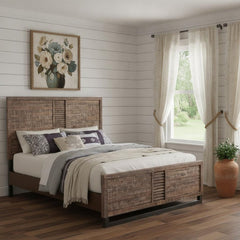 Brown and black shiplap textured solid wood queen bed frame with a stylish headboard, set in a cozy bedroom.