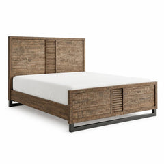 Brown and black shiplap textured solid wood queen bed frame with a modern design and metal legs. Mattress not included.