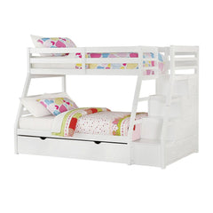White twin over full solid wood bunk bed with stairs, trundle, and storage drawers, featuring colorful bedding.