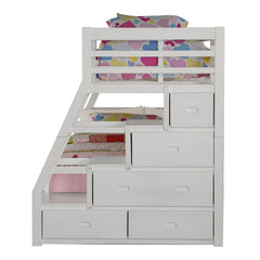 White twin over full solid wood bunk bed featuring stairs, a trundle, and multiple storage drawers. Colorful bedding included