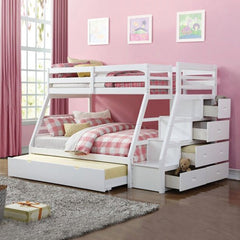 White Twin Over Full Solid Wood Bunk Bed With Stairs And Trundle And Storage