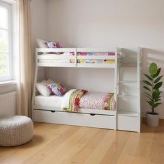 White twin over full solid wood bunk bed with stairs, trundle, and storage, featuring colorful bedding and a cozy room settin