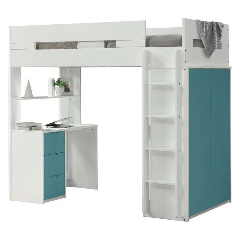White and teal twin loft bed with a desk, shelves, and a ladder, featuring a modern design and storage drawers.