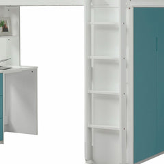 White and teal twin loft bed with integrated desk and shelving unit, designed for space-saving and functionality.