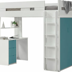 White and teal twin loft bed with integrated desk and storage, featuring a ladder and modern design elements.
