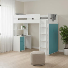 White and teal twin loft bed with a desk, storage drawers, and a ladder, set in a bright, modern room.