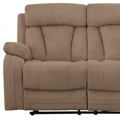Beige leather match recliner with plush cushioning and a modern design, featuring a sleek armrest and reclining mechanism.
