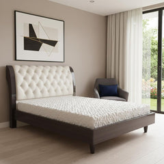 Solid Wood King Tufted Beige Upholstered Faux Leather Bed With Nailhead Trim
