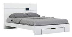 White Solid Wood Queen Bed Frame with a modern design, featuring a sleek headboard and a storage drawer underneath.