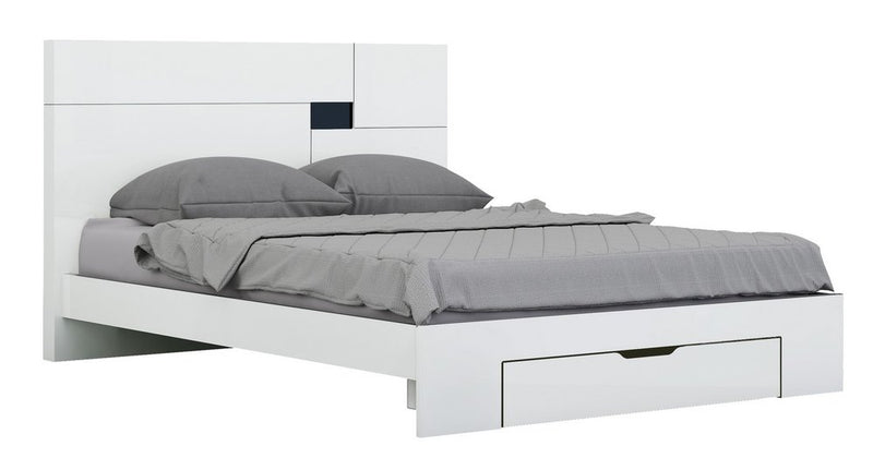 White Solid Wood Queen Bed Frame with a modern design, featuring a sleek headboard and a storage drawer underneath.