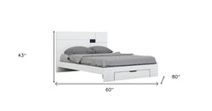 White Solid Wood Queen Bed Frame with a modern design, featuring a headboard and a storage drawer. Dimensions: 80" L x 60" W 