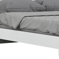 White Solid Wood Queen Bed Frame featuring a minimalist design with gray bedding and pillows.