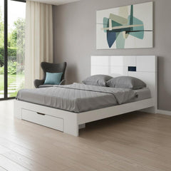 White Solid Wood Queen Bed Frame by Wellnesslifeclub74 featuring a modern design, gray bedding, and a stylish headboard with 