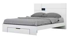 White Solid Wood Queen Bed Frame with modern design, featuring a sleek headboard and under-bed storage drawer.