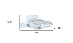 Modern Queen White High Gloss Bed, 80"x60"x42.5", featuring a sleek design with a matching nightstand.