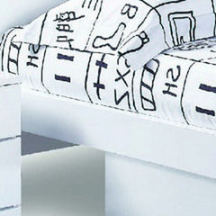 Modern Queen White High Gloss Bed with a stylish design, featuring a patterned bedspread and sleek lines.
