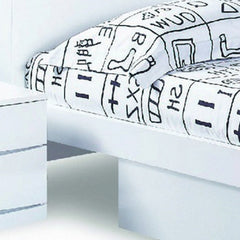 Modern Queen White High Gloss Bed with a sleek design, featuring a patterned black and white bedding set and a matching night