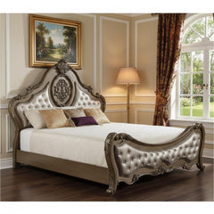Queen Tufted Bronze Upholstered Faux Leather Bed with Nailhead Trim, featuring an ornate headboard and elegant design.