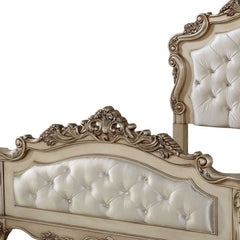 Antiqued White Wood And Tufted Silk Queen Bed Frame With Nailhead Trim
