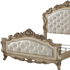 Antiqued White Wood And Tufted Silk Queen Bed Frame With Nailhead Trim