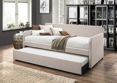 White and Light Gray Wood And Linen Twin Bed Frame