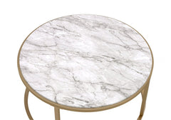 Set of Two Clear White and Gold Glass And Faux Marble And Iron Round Frame Nested Coffee Tables
