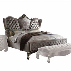 Velvet Antique Platinum California King Bed with tufted headboard and decorative footboard, featuring elegant upholstery and 