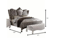 Velvet Antique Platinum California King Bed with tufted headboard, decorative footboard, and matching bench. Dimensions: 87" 