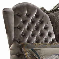 Velvet Antique Platinum California King Bed with tufted headboard and decorative buttons, featuring elegant upholstery.