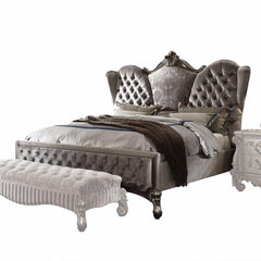 Velvet Antique Platinum California King Bed with tufted headboard, decorative detailing, and matching bench.