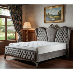 Velvet Antique Platinum California King Bed with tufted headboard, upholstered in poly resin, featuring elegant design and cl