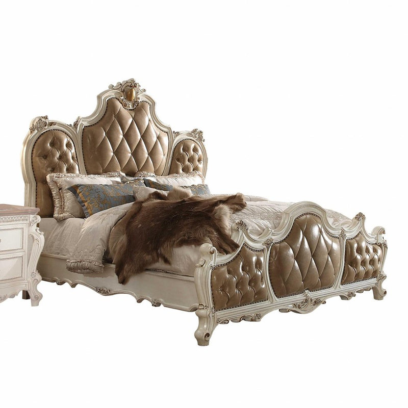 Pearl King Tufted Upholstered Faux Leather Bed Frame with Nailhead Trim, featuring a luxurious design and elegant detailing.