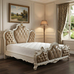 Pearl King Tufted Upholstered Faux Leather Bed Frame with Nailhead Trim, featuring a luxurious design and elegant detailing.
