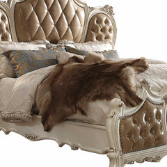 Queen Tufted Beige Upholstered Faux Leather Bed with Nailhead Trim, featuring a luxurious headboard and elegant bedding.